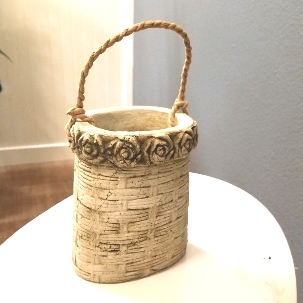 Pottery Bucket With Roses at the Rim and Wick handle